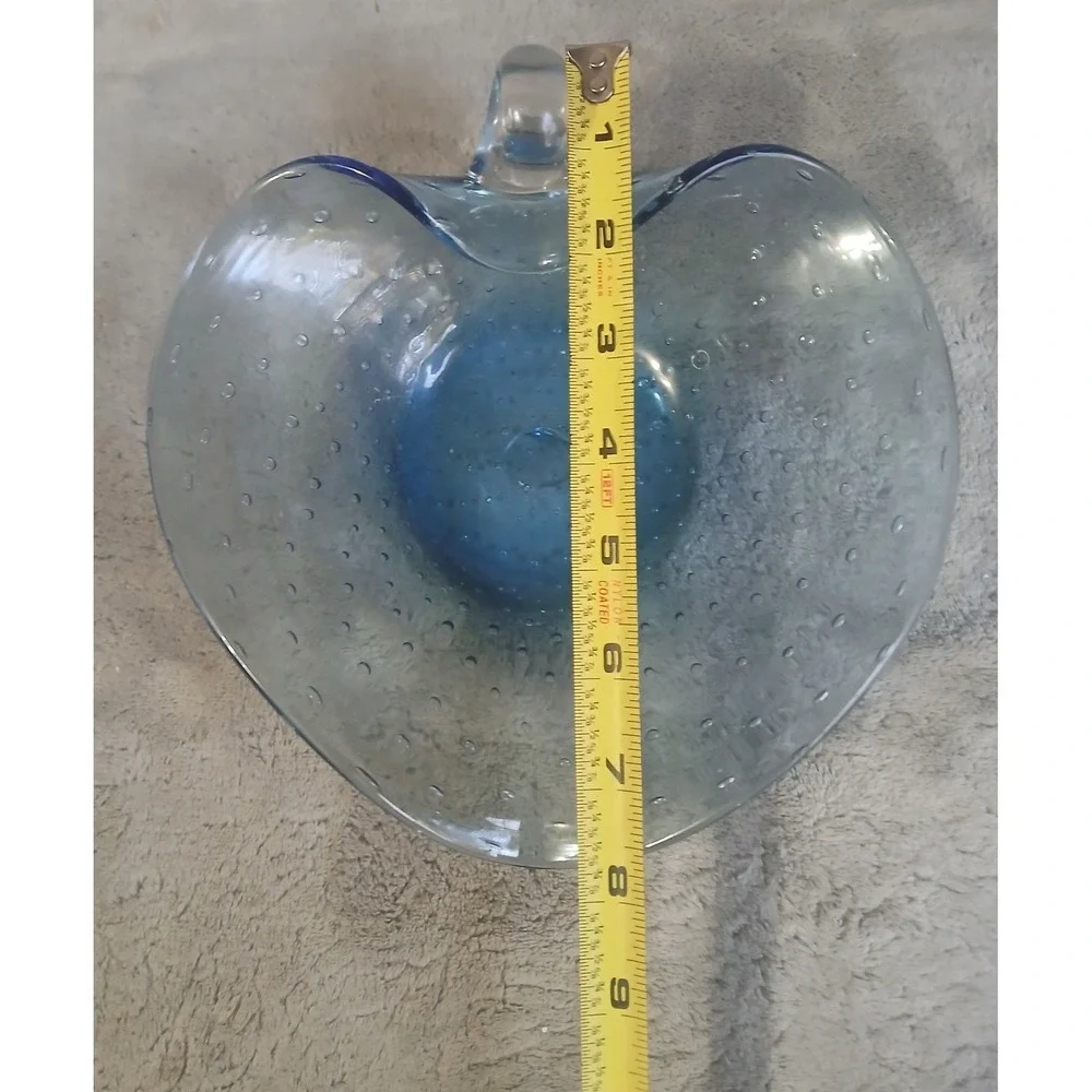 Vintage Blue Controlled Bubble Art Glass Heart Shaped Nappy Bowl with Handle MCM